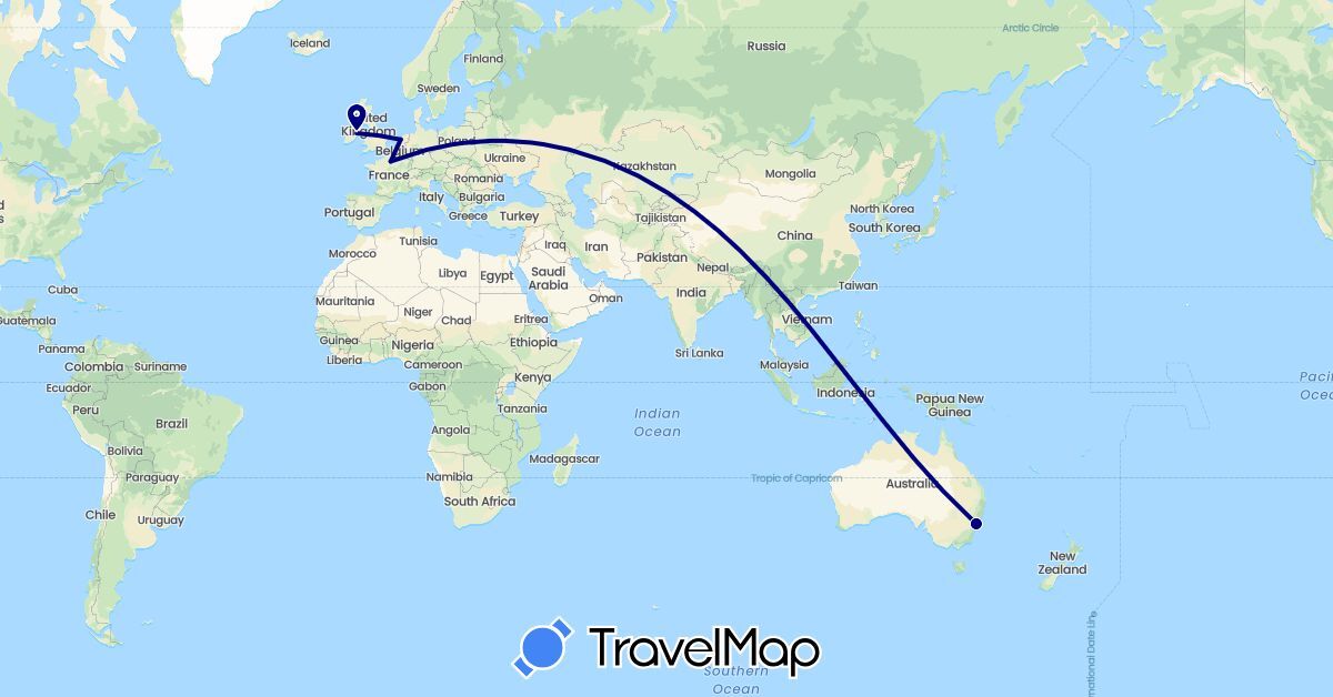 TravelMap itinerary: driving in Australia, France, Ireland, Netherlands (Europe, Oceania)